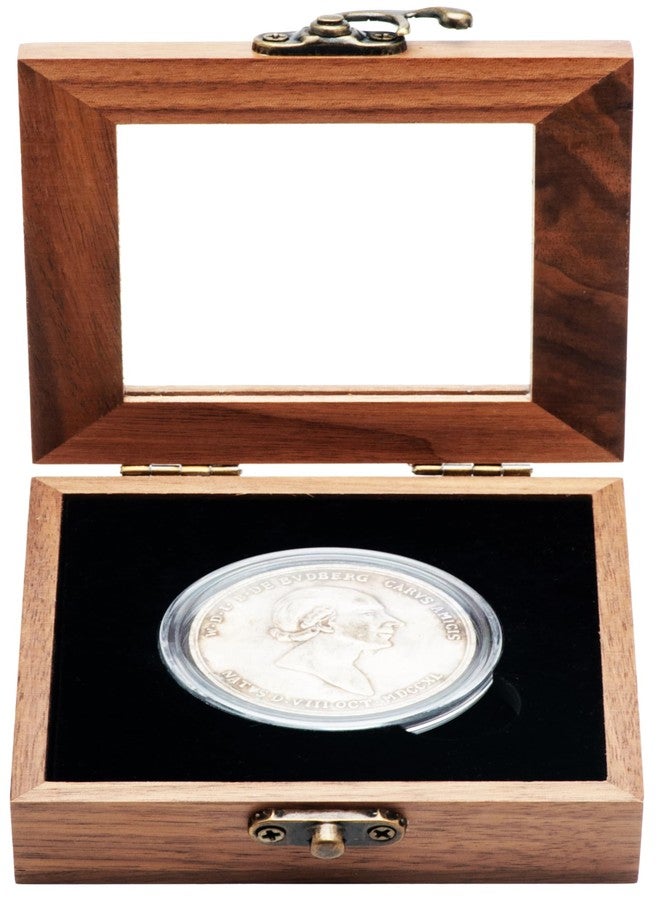 COSISO Single Walnut Wood Challenge Coin Presentation Display Gift Box Storage Case with Hinge/Clear Top and Plastic Coin Capsules with Adjustable Gasket, Small, Black Inner, CB8542 - Image 5