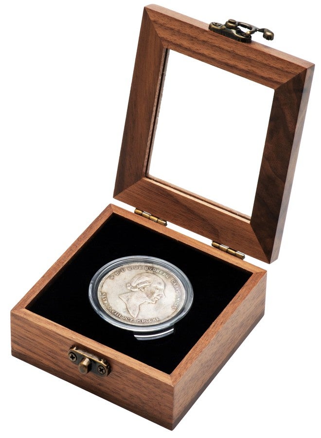 COSISO Single Walnut Wood Challenge Coin Presentation Display Gift Box Storage Case with Hinge/Clear Top and Plastic Coin Capsules with Adjustable Gasket, Small, Black Inner, CB8542 - Image 1