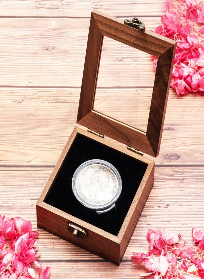 COSISO Single Walnut Wood Challenge Coin Presentation Display Gift Box Storage Case with Hinge/Clear Top and Plastic Coin Capsules with Adjustable Gasket, Small, Black Inner, CB8542 - Image 4