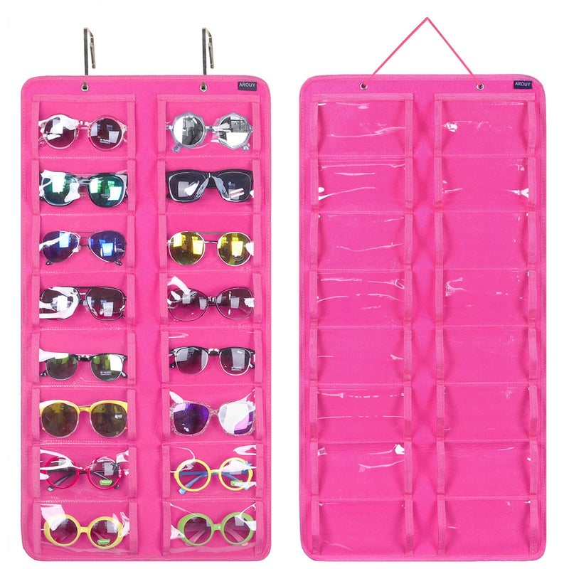 AROUY Sunglasses Organizer Storage Hanging Dust Proof Wall Pocket Glasses Organizer 16 Felt Slots Sunglass Organizer Holder with Metal Hook and Sturdy Rope Dust Proof Rose
