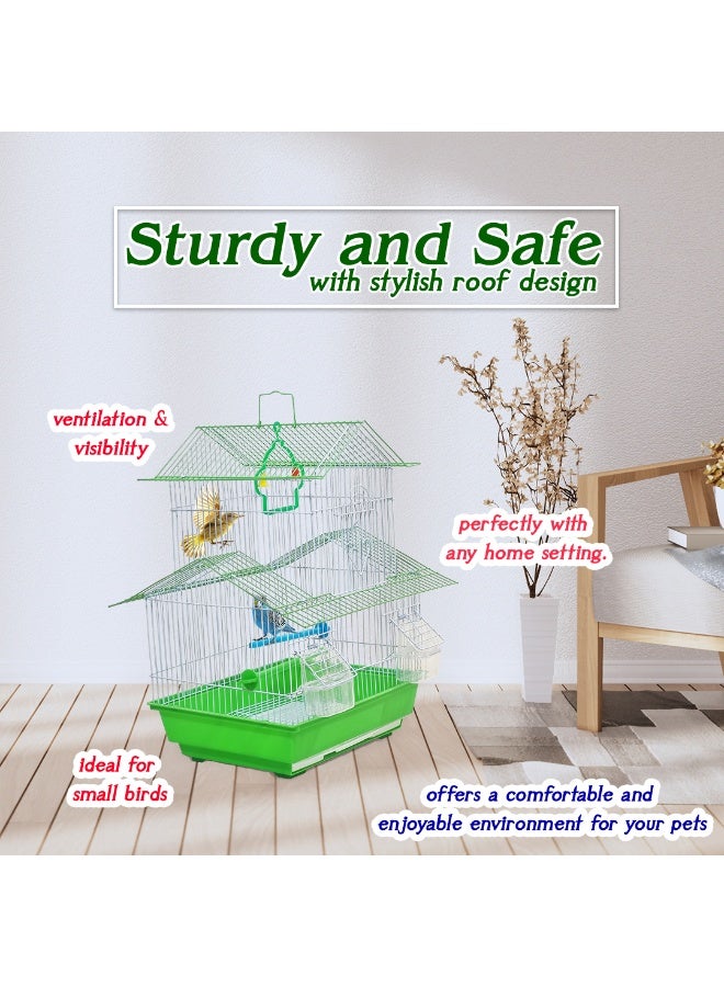 NNC PETS Travel Bird Cage with Green Base, 49 cm Tall, Equipped with Feeding Bowls, Plastic Perches, Hanging Toy and Carry Handle, Easy to Move and Clean with Slide-Out Tray, Ideal for small birds - Image 5