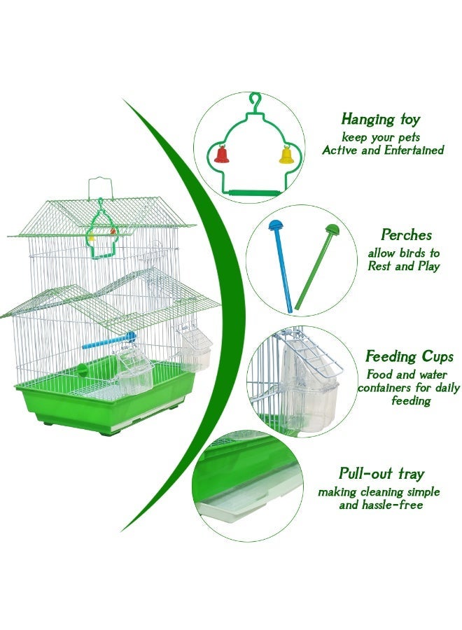 NNC PETS Travel Bird Cage with Green Base, 49 cm Tall, Equipped with Feeding Bowls, Plastic Perches, Hanging Toy and Carry Handle, Easy to Move and Clean with Slide-Out Tray, Ideal for small birds - Image 4