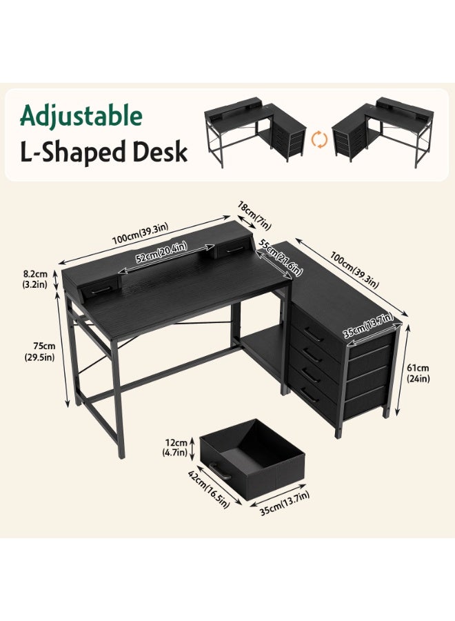 Solerconm L-Shaped Computer Desk, 135 × 100 cm Corner Desk with Drawers and Storage, Gaming Desk with Monitor Stand, X-Shaped Support, for Home Office and Office Use - Image 2