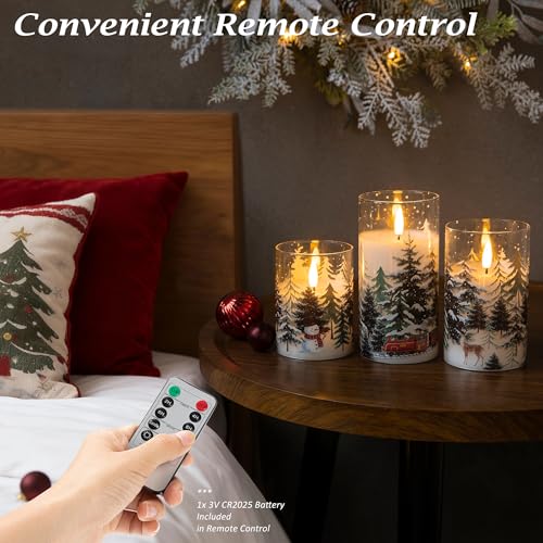 LUSHARBOR LUSHABOR Christmas Flameless Candles 3 Pack Battery Operated Candles for Christmas Mantel Decor Glass LED Flickering Candles Home Xmas Party Holiday D3 H4 5 6 Trees - Image 3