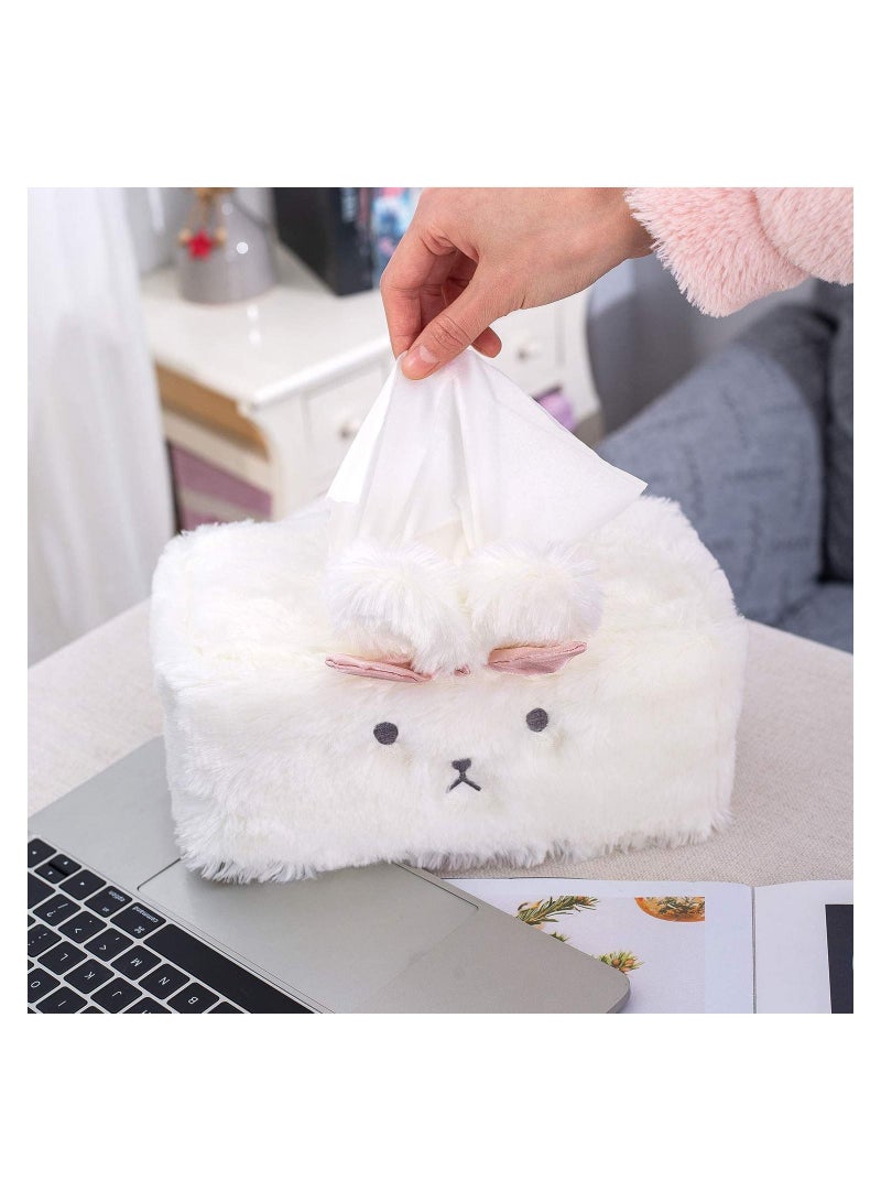 Plush Rabbit Tissue Box, SYOSI Cute Box Cover, Fluffy Home Décor, Office Desk Decoration, Car Accessories, Bunny, (White, Rectangle) - Image 4