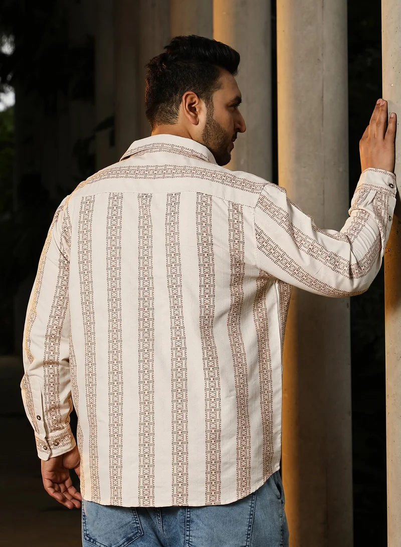 Instafab Plus Men's Brown & Off-White Indie-Stripe Jacquard Shirt | Spread Collar , Long Sleeves , Button Closure , Curved Hemline | Geometric-Stripes Jacquard Cotton-Blend For Street & Casual Wear
