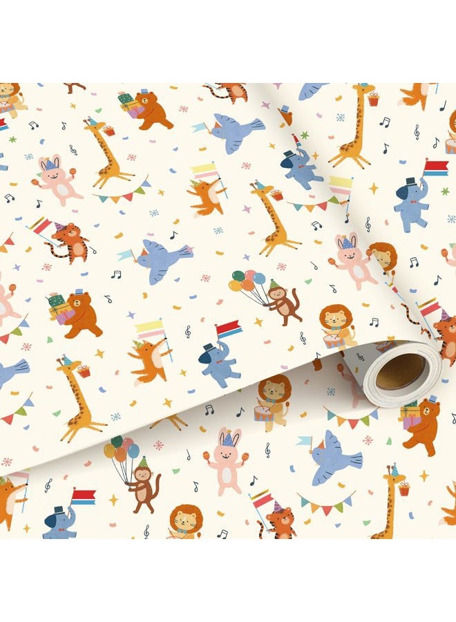 Booson Animal Parade Kids Wrapping Paper Roll -Mini Roll- 17In x 32.8Ft Cute Animal Parade Premium Gift Packing Wrap Craft Paper for Birthday Baby Shower Party Supplies - Image 1
