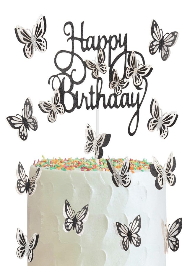iNINGER 13pcs Butterfly Cake Toppers - Silver & Black Glitter Butterflies for Birthday Decorations - Image 1