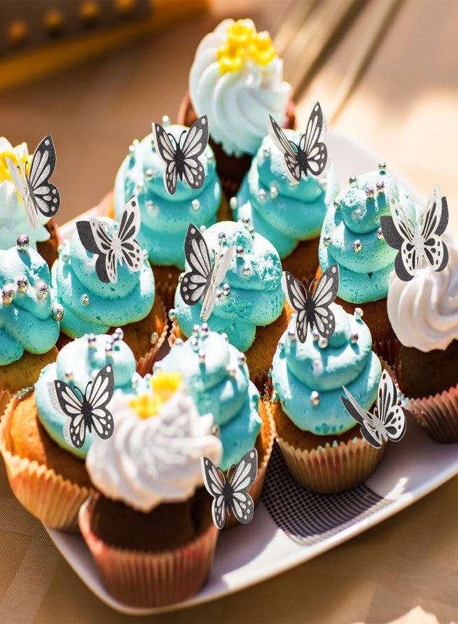 iNINGER 13pcs Butterfly Cake Toppers - Silver & Black Glitter Butterflies for Birthday Decorations - Image 4