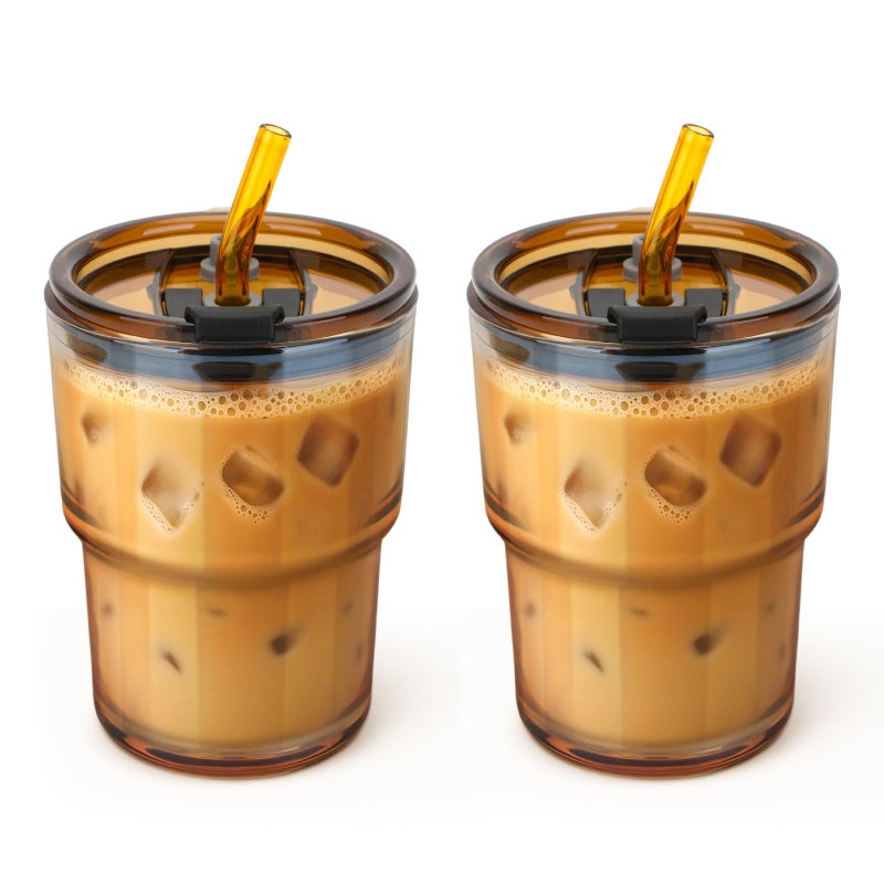 Cafezi 13 oz Glass Tumbler with Glass Straw and Lid, Leak-Proof Reusable Travel Cup for Iced Coffee, Tea, Matcha, Fruit Juice â€“ Thick Wall Clear Water Bottle (Amber, 2 Pack) - Image 1