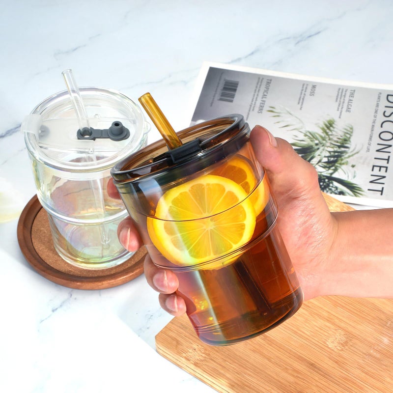 Cafezi 13 oz Glass Tumbler with Glass Straw and Lid, Leak-Proof Reusable Travel Cup for Iced Coffee, Tea, Matcha, Fruit Juice â€“ Thick Wall Clear Water Bottle (Amber, 2 Pack) - Image 3