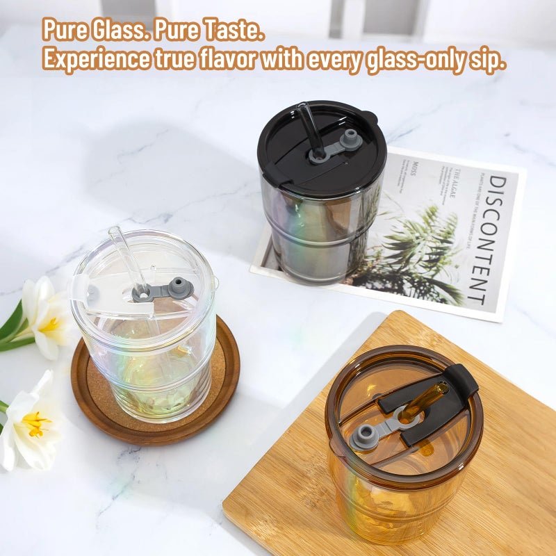 Cafezi 13 oz Glass Tumbler with Glass Straw and Lid, Leak-Proof Reusable Travel Cup for Iced Coffee, Tea, Matcha, Fruit Juice â€“ Thick Wall Clear Water Bottle (Amber, 2 Pack) - Image 2