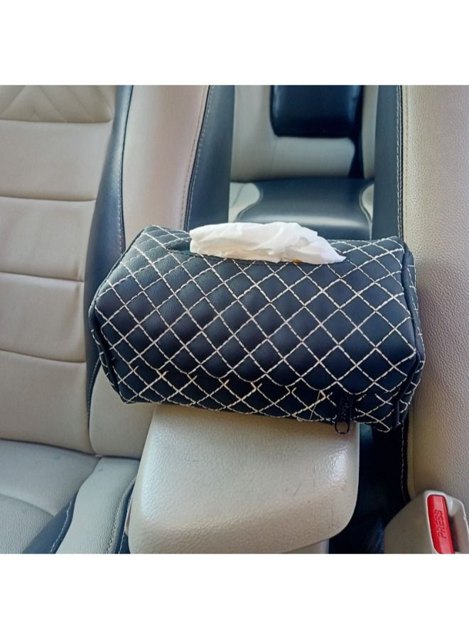 Generic Car Leather Tissue Holder Black Sewing Beige - Image 4