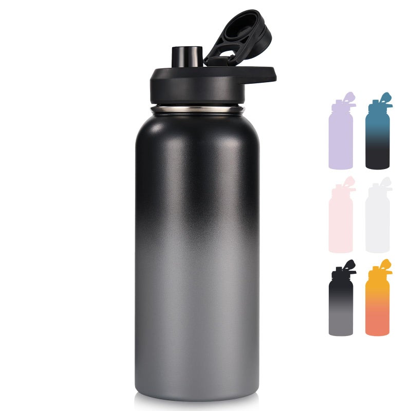 Fijinhom 32 oz Insulated Water Bottle with Handle, 304 Stainless Steel Water Bottles with Wide Mouth, Double Wall Vacuum Sports Water Bottle, BPA Free, Keep Cold and Hot, Black/Gray - Image 1