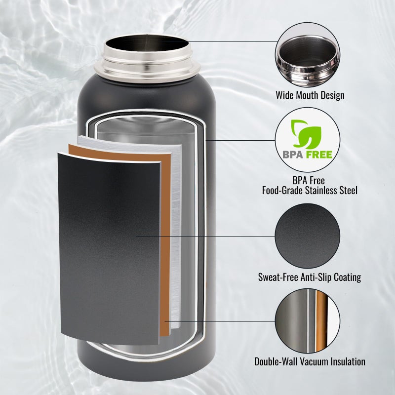 Fijinhom 32 oz Insulated Water Bottle with Handle, 304 Stainless Steel Water Bottles with Wide Mouth, Double Wall Vacuum Sports Water Bottle, BPA Free, Keep Cold and Hot, Black/Gray - Image 2