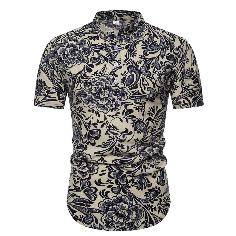2019 Men's Cotton and Linen Vertical Collar Short-sleeved T-shirt Men's Floral Half-sleeved T-shirt for Men - Image 1
