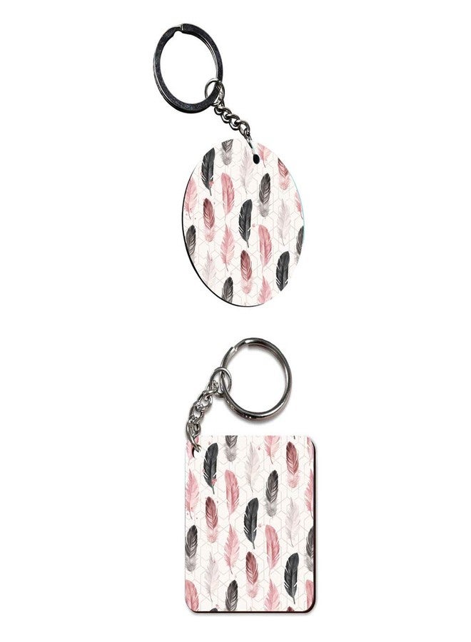 Plan To Gift Set of 2 | Circle & Square Shape Printed Wooden Keychains Feather white and light | Circle & Square Shape keyrings | Circle & Square Shape Keychains| Printed keyrings - Image 2