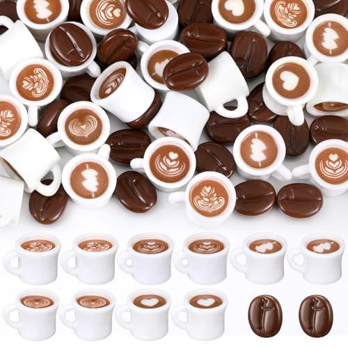 Soaoo 100 Pcs Coffee Cups and Beans Mini Resin Figurine Miniature Statues Things Mini Coffee Mug Drink Charms for DIY Jewelry Necklace Earring Bracelet Keychain Craft Decor - Image 1