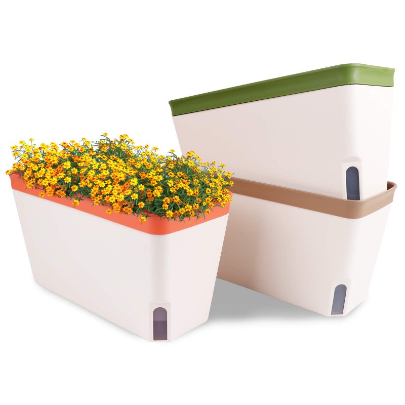 OurWarm صندوق زراعة الأعشاب من OurWarm على حافة النافذة، مجموعة من 3، أص pots ذاتية الري، أص pots مستطيلة بطول 10.5 بوصة، أص pots زهور زخرفية للزراعة الداخلية، الأعشاب، الخضروات، الزهور (3 ألوان) - Image 1