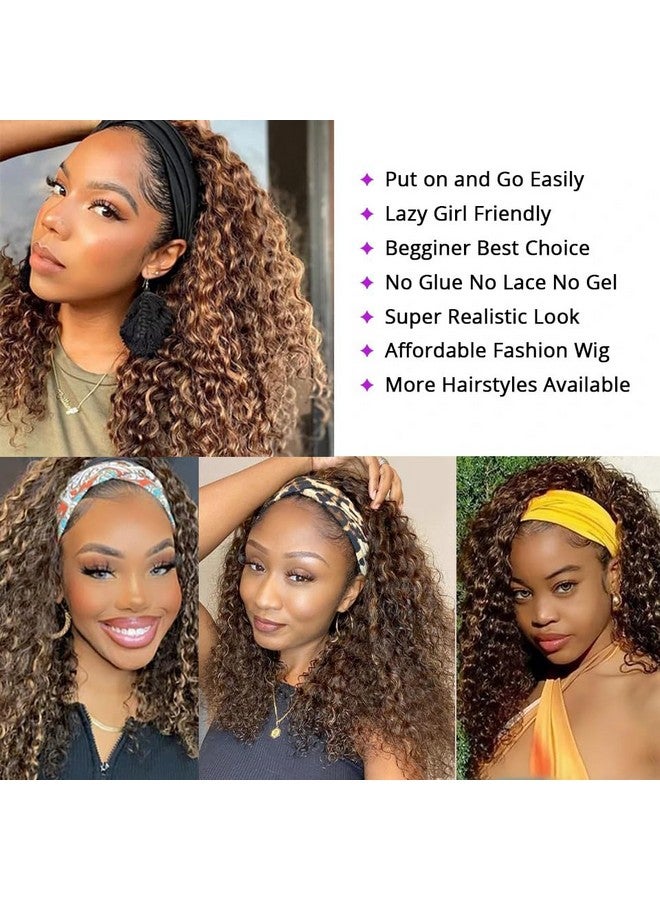 XSY Headband Wig Human Hair Highlight Ombre Kinky Curly 16 Inch Headband Wigs for Black Women Honey Blonde Glueless Wig Brazilian Curly Human Hair Wigs - Image 3