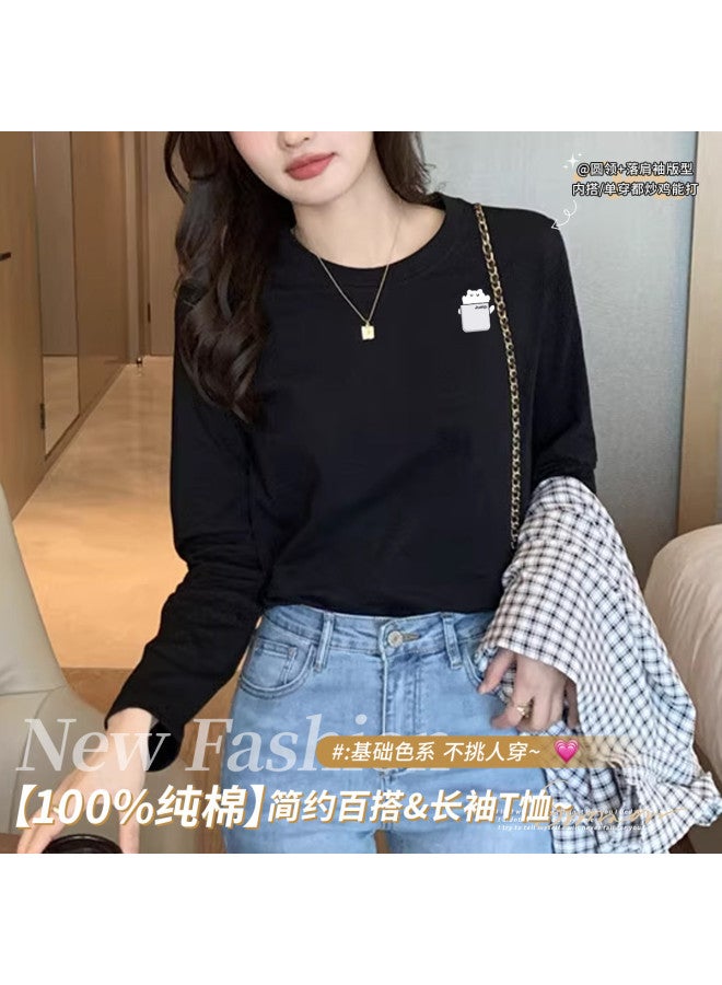 LANG SHA Women'S Long Sleeve Round Neck T-Shirt, Versatile Solid Color Printed Base Layer Top, Women'S Tee - Image 2