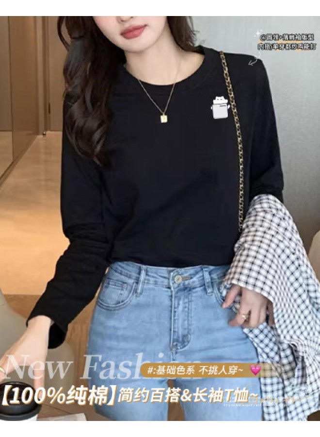LANG SHA Women'S Long Sleeve Round Neck T-Shirt, Versatile Solid Color Printed Base Layer Top, Women'S Tee - Image 1