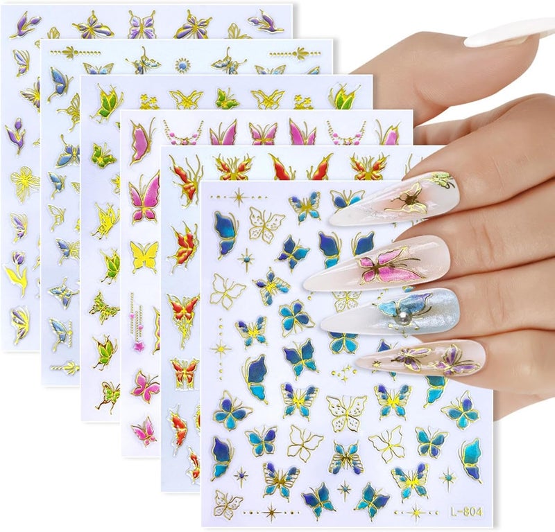 Maigitur 6Sheets Butterfly Nail Stickers Laser 5D Embossed Nail Decals Gold Nail Designs Spring Summer Nails Supplies 3D Self-Adhesive Colorful Animal Prints Stars Nails Art Stickers for Women DIY Manicure - Image 1
