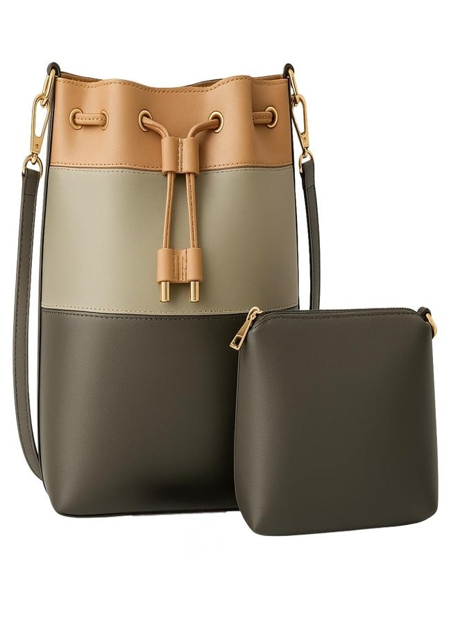 TYPIFY Women's 2-in-1 Bucket Bag and Sling Bag Combo Set, Grid Pattern, Lightweight Shoulder Tote Handbag, Trending Large Drawstring Latherette Office College Bag Set. Gift for Her (Olive Green) - Image 1