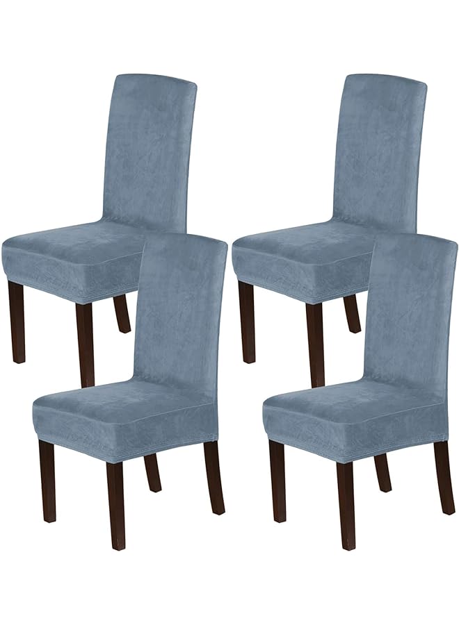 The Bros Dining Chair Covers Velvet Stretch Chair Covers for Dining Room Set of 4 Parson Chair Slipcovers Chair Protectors Covers,Soft Thick Solid Velvet Fabric Washable (4, Stone Blue) - Image 1
