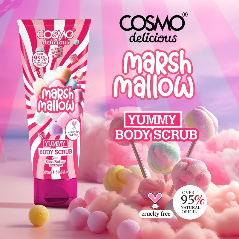 Cosmo Delicious Marsh Mallow With Shea Body Scrub For Men & Women 275ml, Exfoliating Body Scrub, Hydrating & Nourishing, Sugar Scrub, Vanilla & Sweet Marshmallow Fragrance, Dead & Deep Skin Cleansing - Image 2