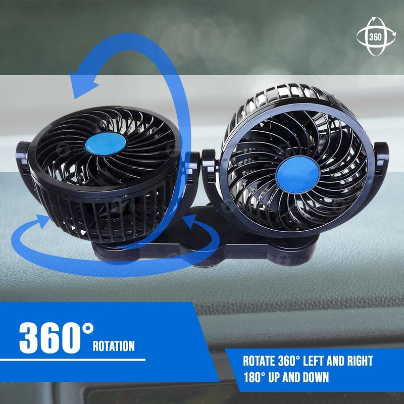 ZONETECH Car Cooling Air Fan 12V- Dual Head Car Auto Electric Cooling Air Fan for Rear Seat (Black 1 pack) - Image 3
