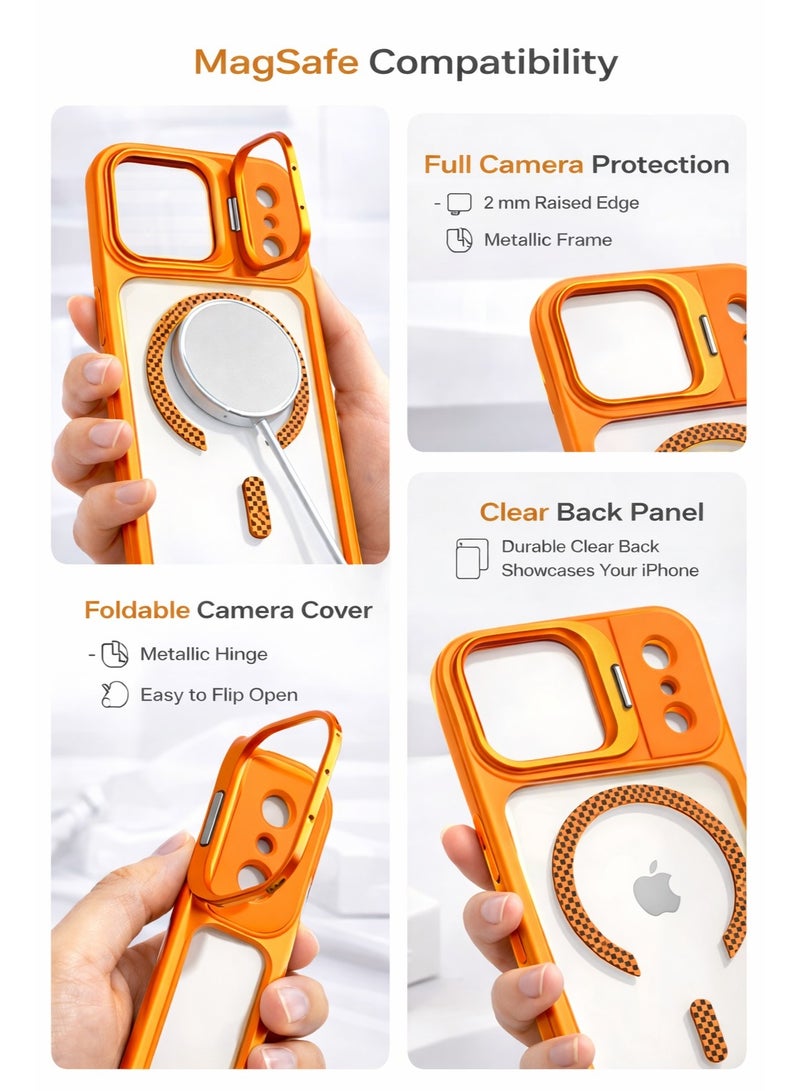 في آر كرييتيف غطاء حماية متين MagSafe لهاتف آبل iPhone 17 Pro Max مع غطاء كاميرا منزلق، تصميم مقاوم للصدمات، متوافق مع الشحن اللاسلكي – برتقالي - Image 4