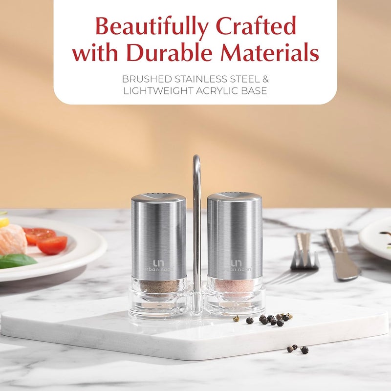 urban noon Salt and Pepper Shakers with Holder - Elegant Stainless Steel Salt Shaker and Pepper Shaker Set with Acrylic Holder for Kitchen Counter or Restaurant Table - Image 5