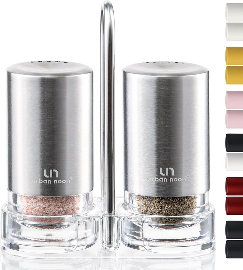 urban noon Salt and Pepper Shakers with Holder - Elegant Stainless Steel Salt Shaker and Pepper Shaker Set with Acrylic Holder for Kitchen Counter or Restaurant Table - Image 1