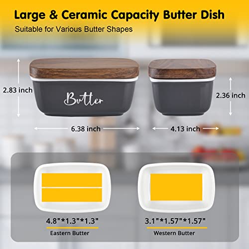 ALELION Gray Butter Dish, ALELION Large Ceramic Butter Dish with Lid for Countertop, Butter Container with Acacia Wooden Lid, Modern Country Kitchen Decor and Accessories for Counter, for Kitchen Gifts - Image 2