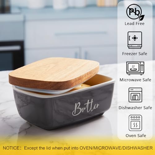 ALELION Gray Butter Dish, ALELION Large Ceramic Butter Dish with Lid for Countertop, Butter Container with Acacia Wooden Lid, Modern Country Kitchen Decor and Accessories for Counter, for Kitchen Gifts - Image 3