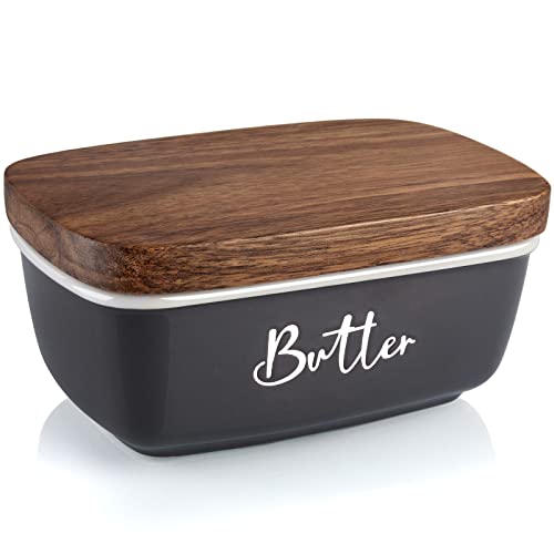 ALELION Gray Butter Dish, ALELION Large Ceramic Butter Dish with Lid for Countertop, Butter Container with Acacia Wooden Lid, Modern Country Kitchen Decor and Accessories for Counter, for Kitchen Gifts - Image 1