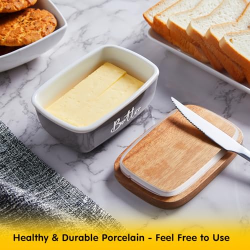 ALELION Gray Butter Dish, ALELION Large Ceramic Butter Dish with Lid for Countertop, Butter Container with Acacia Wooden Lid, Modern Country Kitchen Decor and Accessories for Counter, for Kitchen Gifts - Image 5