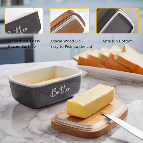 ALELION Gray Butter Dish, ALELION Large Ceramic Butter Dish with Lid for Countertop, Butter Container with Acacia Wooden Lid, Modern Country Kitchen Decor and Accessories for Counter, for Kitchen Gifts - Image 4