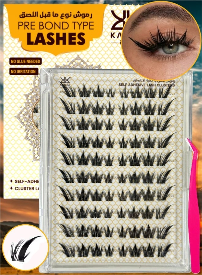 Kanza Pre Bond Type Lashes European-Style False Eyelashes Kit with Tweezers Self Adhesive Eyelashes Eyelash Clusters Kit, False Eyelashes Pre Glued Lash Clusters Wispy Lashes Cluster Kit Lash Clusters for Beginners and Salon use Press On DIY Lash Extension 80 Pcs - Image 1