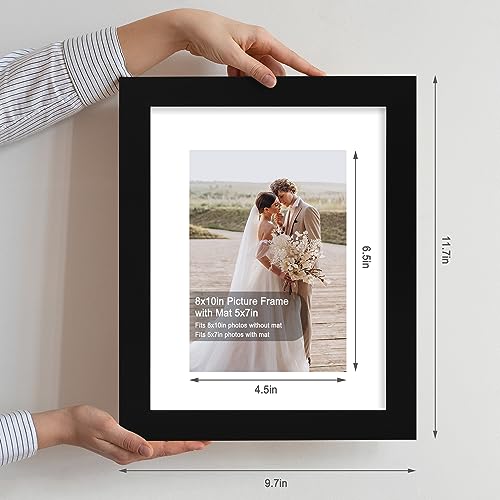 Hongkee 8x10 Picture Frame Set of 4 Made of Real Glass and Black Wooden Frame 8 by 10 Photo for Wall or Tabletop Display Picture 5x7 with Mat or 8x10 Without Mat - Image 3