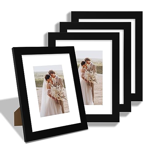 Hongkee 8x10 Picture Frame Set of 4 Made of Real Glass and Black Wooden Frame 8 by 10 Photo for Wall or Tabletop Display Picture 5x7 with Mat or 8x10 Without Mat - Image 1