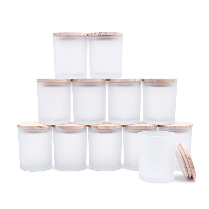 SHOWIN Thick Candle Jars for Making Candles 12 Pcs 7 OZ Empty Jars with Wood Lids for Candle Making Sample Container Frosted White