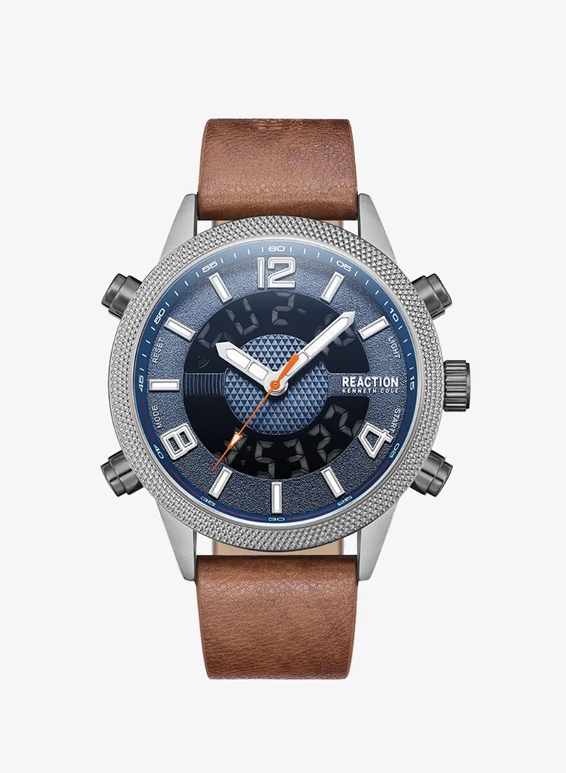 Kenneth Cole Reaction Analogue - Digital Gents Watch With Brown Synthetic Leather Strap 45mm - KRWGD9006501