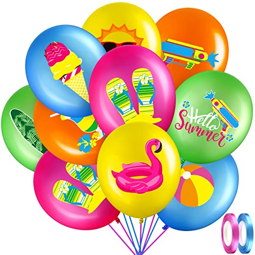 Threan 50 Pcs Summer Theme Party Balloons Pool Decorations Flamingo Tropical Leaf Beach Ball Theme Latex Balloons with Ribbons for Summer Beach Birthday Party Favor Supplies 12 Inches - Image 1