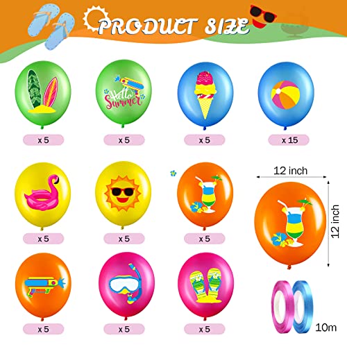 Threan 50 Pcs Summer Theme Party Balloons Pool Decorations Flamingo Tropical Leaf Beach Ball Theme Latex Balloons with Ribbons for Summer Beach Birthday Party Favor Supplies 12 Inches - Image 5