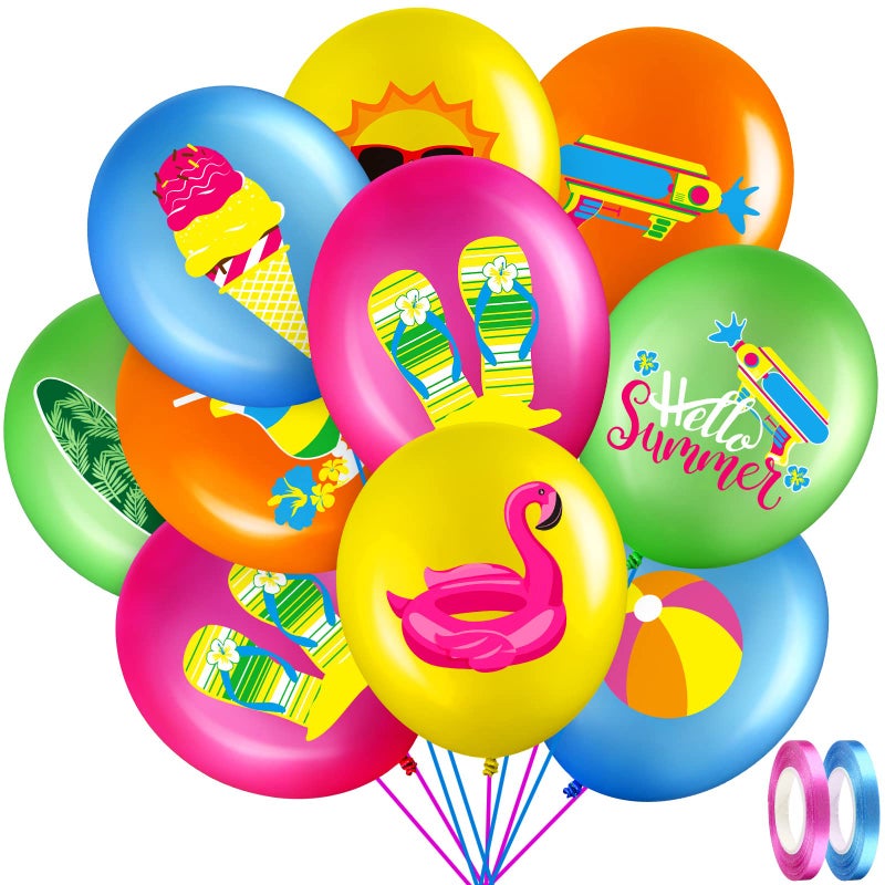 Threan 50 Pcs Summer Theme Party Balloons Pool Decorations Flamingo Tropical Leaf Beach Ball Theme Latex Balloons with Ribbons for Summer Beach Birthday Party Favor Supplies 12 Inches - Image 3