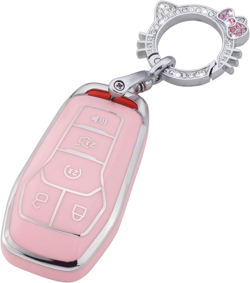 PANGPAI Pink Key Fob Cover for Ford, Soft TPU Key Case Protection with Bling Keychain Fit for F150 Explorer Mustang Edge Lincoln MKZ MKX MKC - Image 1
