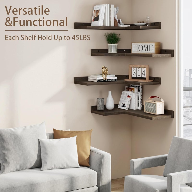 Runam Woods LShaped Floating Corner Shelves Set of 2 Solid Wood Shelf for Wall Decore Storage Corner Storage Shelf for Bedroom Living Room Bathroom Kitchen Dark Brown - Image 4