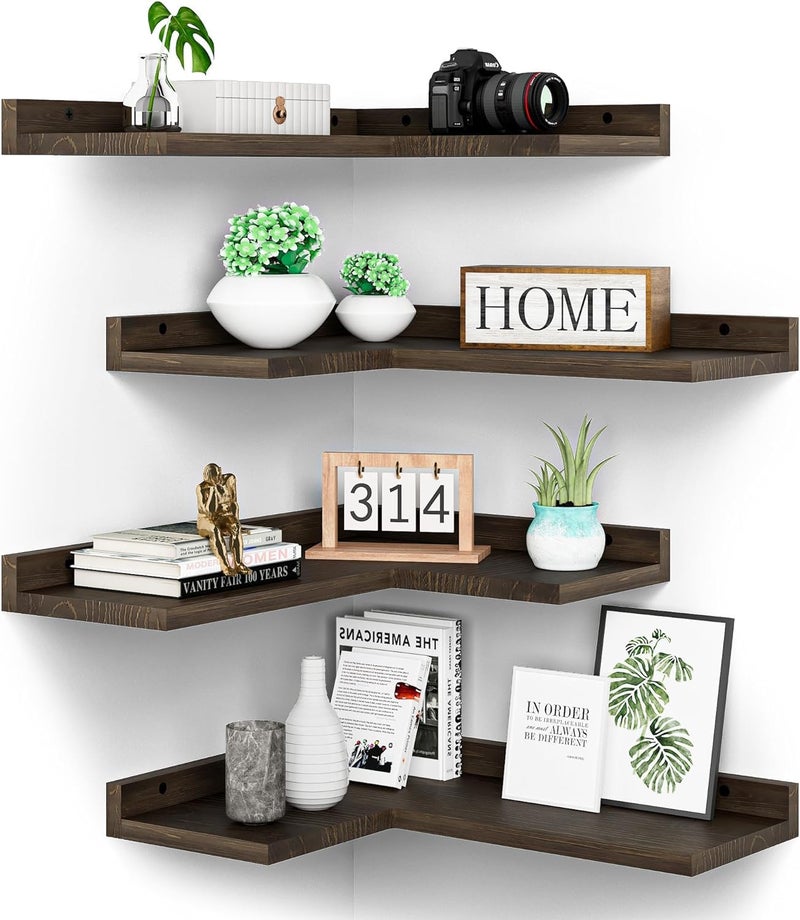 Runam Woods LShaped Floating Corner Shelves Set of 2 Solid Wood Shelf for Wall Decore Storage Corner Storage Shelf for Bedroom Living Room Bathroom Kitchen Dark Brown - Image 1